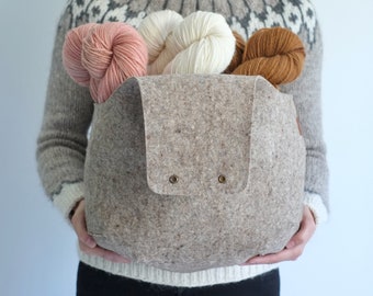 Large Felt knitting bag, Wool project wristlet for knitting, Big felt yarn tote