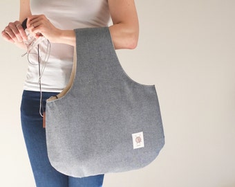 Large project bag, Gray Knitting bag, Knitting wristlet, Bag for crochet, knitting storage