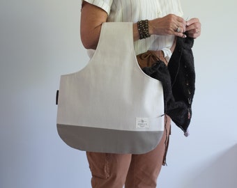 Large beige project bag with greige bottom, Large knitting bag, Knitting wristlet