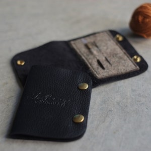 Black leather needle book, Needle storage in leather and felt, Case for mending and darning needles image 1