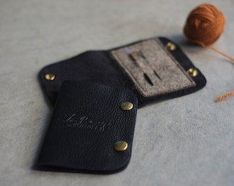 Black leather needle book, Needle storage in leather and felt, Case for mending and darning needles