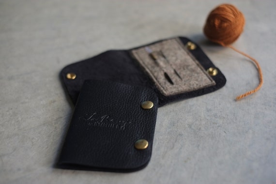 Black Leather Needle Book, Darning Needle Storage Case with felt
