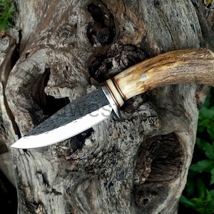 Rustic 1095 carbon steel skinner knife stag antler handle and leather sheath