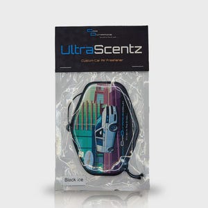 May include: A car air freshener in a clear plastic package. The product is labeled "UltraScentz" and "Custom Car Air Freshener." The air freshener has a graphic of a car in front of a city skyline. The scent is "Black ice."