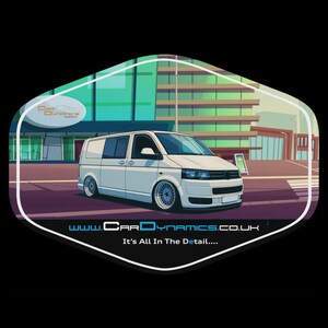 May include: A white van with custom wheels is featured in a stylized illustration. The van is parked in front of a building with a green facade. The text "www.CarDynamics.co.uk" and "It's All In The Detail...." are displayed.