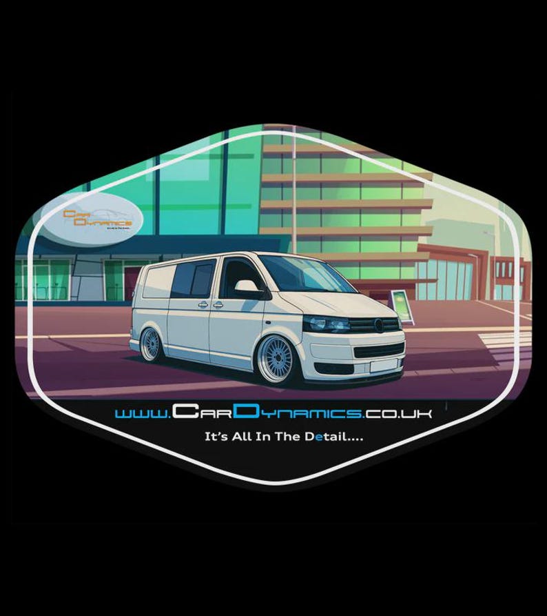 May include: A white van with custom wheels is featured in a stylized illustration. The van is parked in front of a building with a green facade. The text "www.CarDynamics.co.uk" and "It's All In The Detail...." are displayed.
