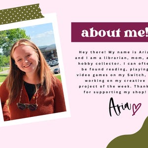 A pink graphic with a photo of a smiling person wearing a rust-colored sweater and sunglasses. The text reads "about me!" and includes a short biography and signature.