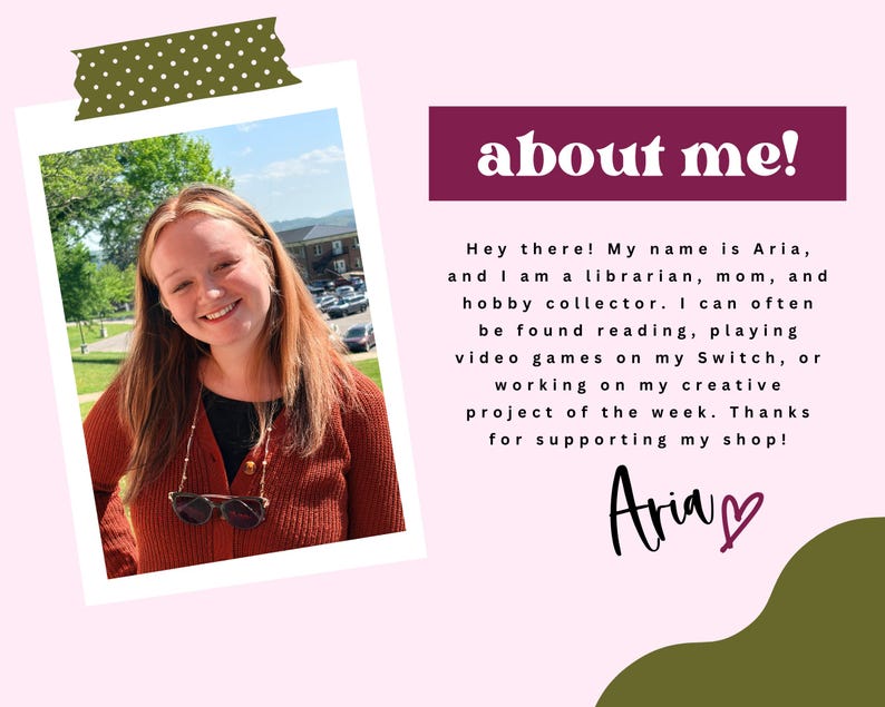 A pink graphic with a photo of a smiling person wearing a rust-colored sweater and sunglasses. The text reads "about me!" and includes a short biography and signature.