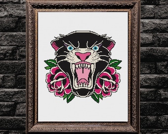 Korsstygnsmönster i PDF-format med pantermotiv | Traditionell amerikansk tatueringsstil med svart panter och rosa rosor | Gotiskt mönster | Direkt nedladdning