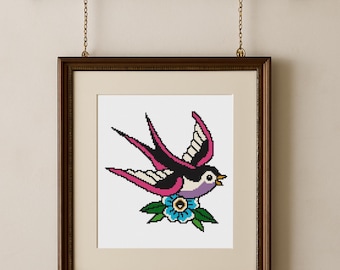 Swallow Cross Stitch Pattern PDF | American Traditional Tattoo Style Bird & Flower Embroidery Chart | Vintage Flash | Instant Download
