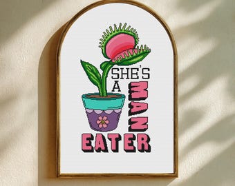 She's a Man Eater Cross Stitch Pattern PDF | Colorful Venus Flytrap Embroidery Chart | Funny Plant Lover Gift | Instant Download