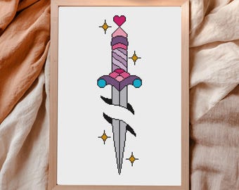 Fantasy Dagger Counted Cross Stitch Pattern | Pastel American Traditional Tattoo Style Flash | Embroidery Needlepoint Digital Download PDF