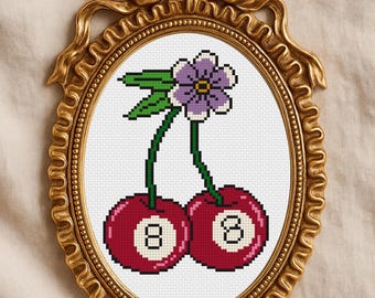 Korsstygnsmönster med 8-bollars körsbär - Retro amerikansk traditionell tatueringsstil, digital nedladdning i PDF-format
