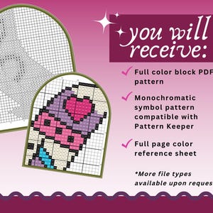 Two cross-stitch patterns are displayed, one a detailed chart and the other a colorful design of a dessert with a heart. Text reads "you will receive:" followed by details about the patterns, including PDF and color reference sheets.