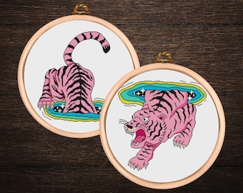 Korsstygnsmönster med rosa tiger i PDF-format | Celestial Tattoo och Cosmic Portal-designer | Paket med 2 mönster | Direkt nedladdning