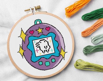 Tamagotchi Cross Stitch Pattern PDF | Retro 90s Digital Virtual Pet Embroidery Chart | Colorful Y2K Design | Instant Download