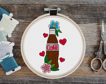 Retro Diet Soda Bottle Cross Stitch Pattern PDF | Cute Floral Embroidery Chart | Coquette Cross Stitch Design | Instant Download DIY Craft