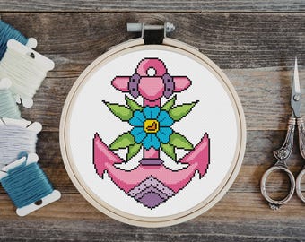 Anchor Cross Stitch Pattern PDF | American Traditional Tattoo Style Floral Embroidery Chart | Vintage Flash | Instant Download