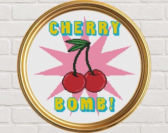 Cherry Bomb Cross Stitch Pattern | Retro Y2K Colorful Pop Art Needlepoint Embroidery Chart | Instant Digital Download PDF