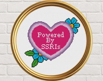 Powered by SSRIs Counted Cross Stitch Pattern - Funny Snarky American Traditional Tattoo Style Digital Download PDF