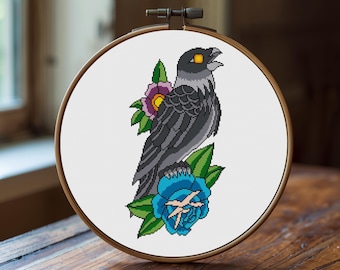 Crow Floral Counted Cross Stitch Pattern - Modern American Traditional Tattoo Style Bird Digital Download PDF