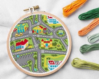 City Rug Cross Stitch Pattern - Nostalgic Throwback Kid's Retro Digital Download PDF