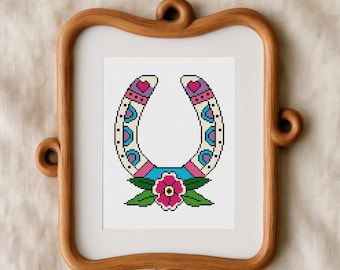 Lucky Horseshoe Cross Stitch Pattern PDF | Floral American Traditional Tattoo | Colorful Flash Embroidery Chart | Instant Download