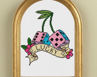 Lucky Dice Cross Stitch Pattern PDF | Traditional Tattoo Style Dice & Flowers | Vintage Flash Embroidery Chart | Instant Download