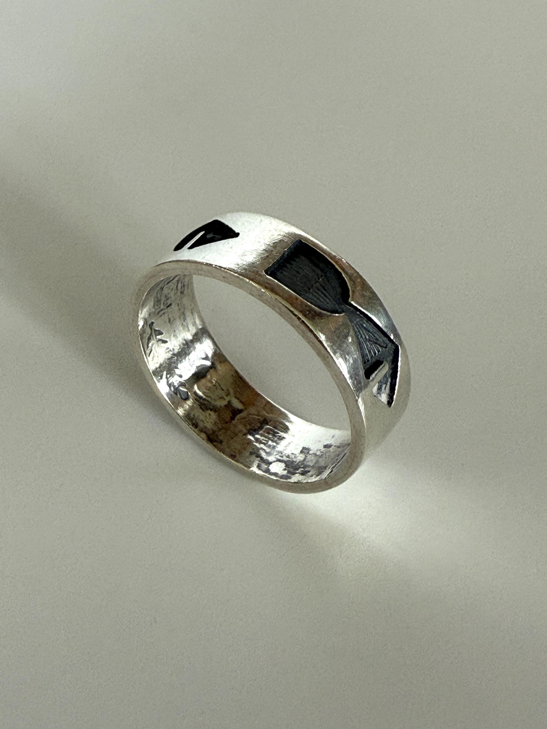 Vintage Sterling Silver Hopi Overlay Fish Ithcus Band Signed Size 7.5 ...