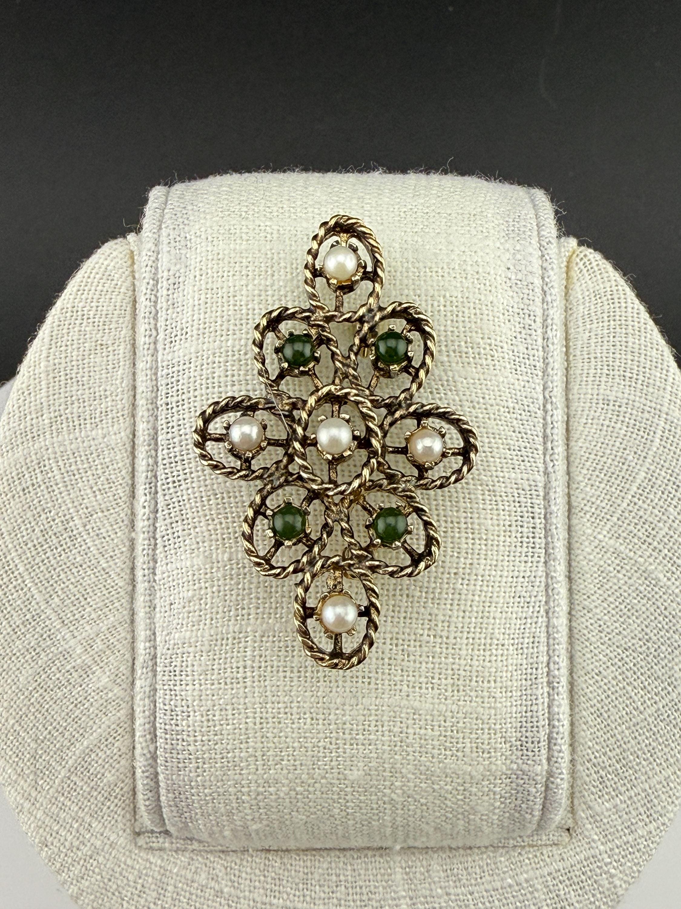 ヴィンテージ　セルロイド　アクセサリー Vintage Wells Sterling Gold Vermeil Jade Pearl Brooch Signed