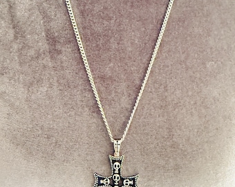 Stainless Steel Skull Cross Pendant Necklace 28” Chain Gothic Biker Halloween