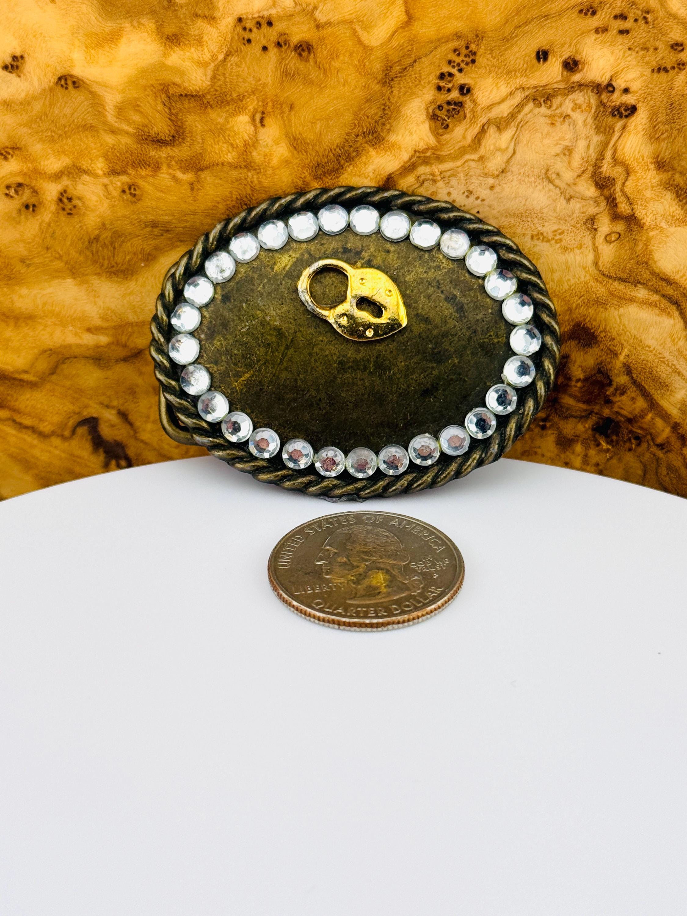 Vintage Brass Belt Buckle Oval Western Style Rhinestones Rope Border ...