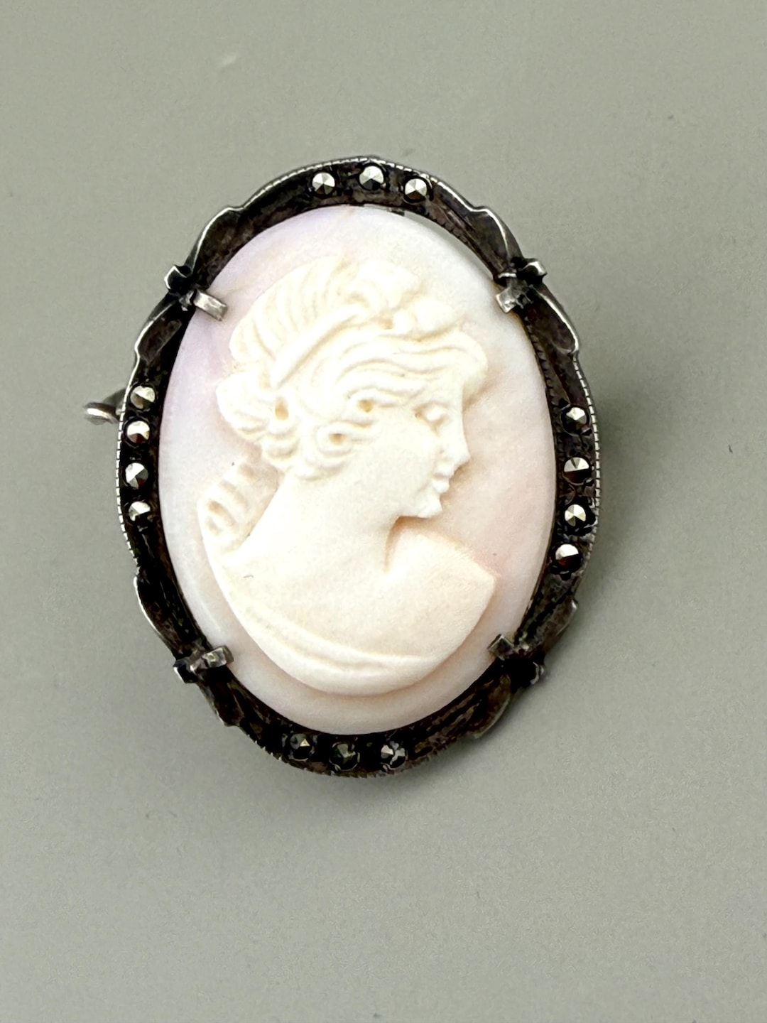 Antique 800 Silver Shell Cameo Brooch Pendant | Marcasite Accents ...