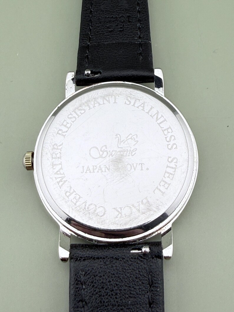 May include: Close-up of the back of a silver-toned watch with a black leather band. The watch face reads "WATER RESISTANT STAINLESS STEEL BACK COVER" and "Swanvie JAPAN OVT."