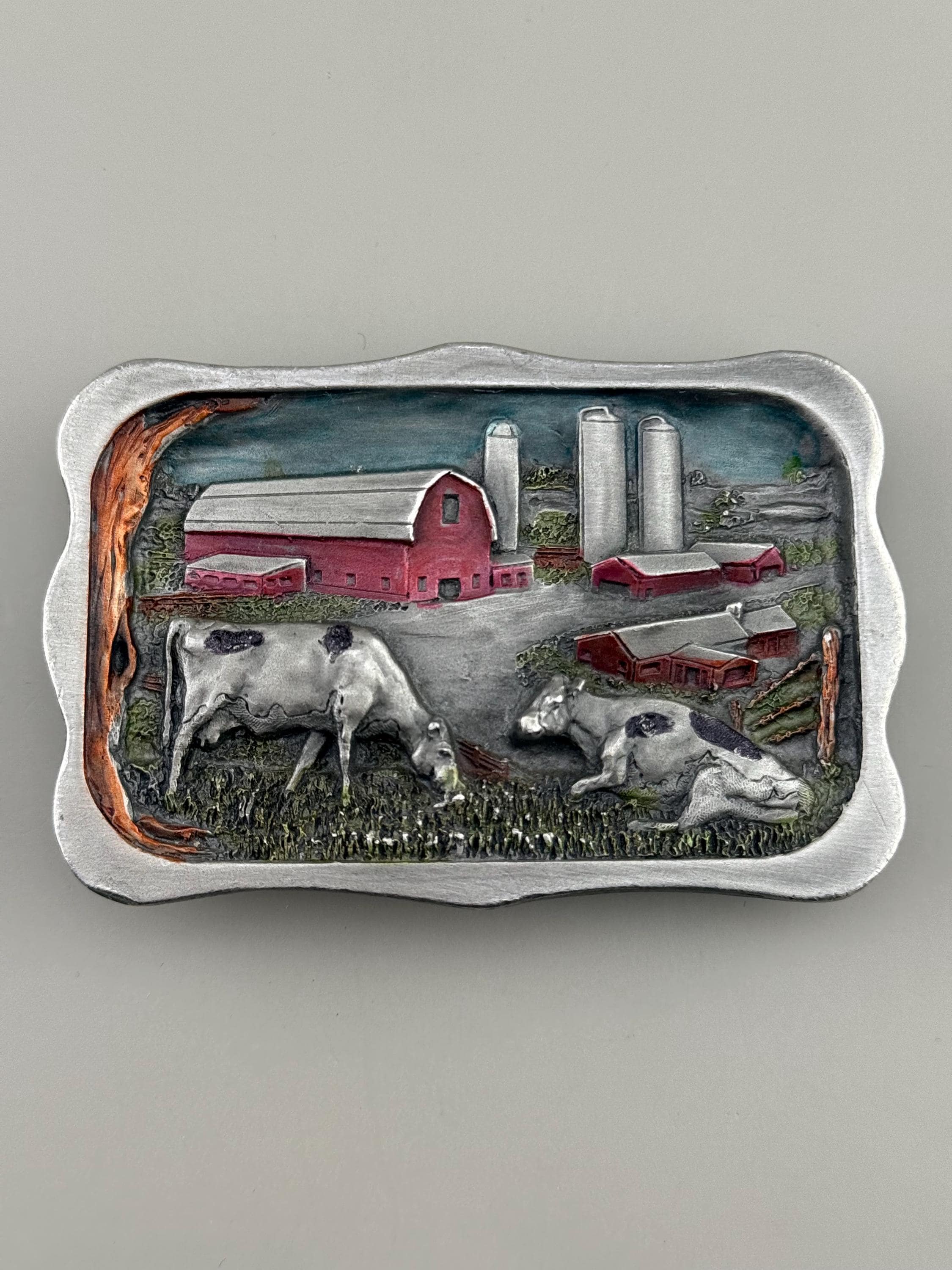 Bergamot Farm Barn Holstein Cow Belt Buckle 1983 Vintage Heavy Midwest Dairy
