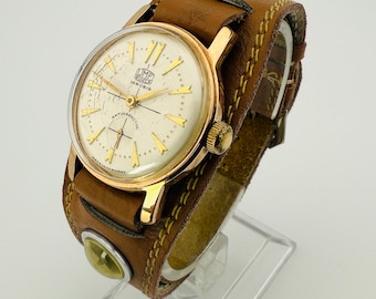 UMF Ruhla German Mechanical 1950s-60s Watch – 20 Micron Gold Plated Case, 15 jewels, Bund Leather Compass Strap – Running Well