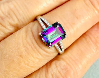 2.25 Ct Emerald Cut Mystic Topaz And Diamond Ring In Sterling Silver Size 7