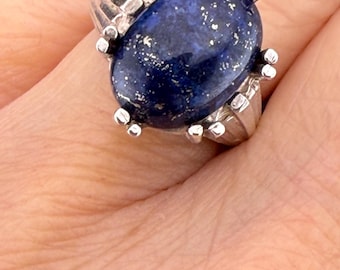 Sterling Silver Lapis Lazuli Cabochon Brutalist Art Deco Styled Ring Size 5 Modernist