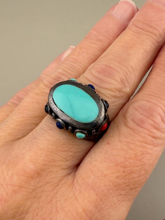 Sterling Silver Turquoise Statement Ring | Coral … - image 1