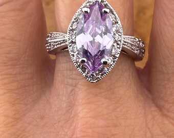 Sterling Silver Brilliant Rhodium Marquise CZ Halo Cocktail Ring Size 8