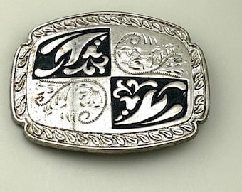 Vintage Nickel Silver Western Belt Buckle Black Enamel Scroll 2.5x1.75