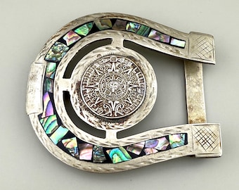 Mexican Alpaca Abalone Aztec Calendar Horseshoe Belt Buckle 58.26g