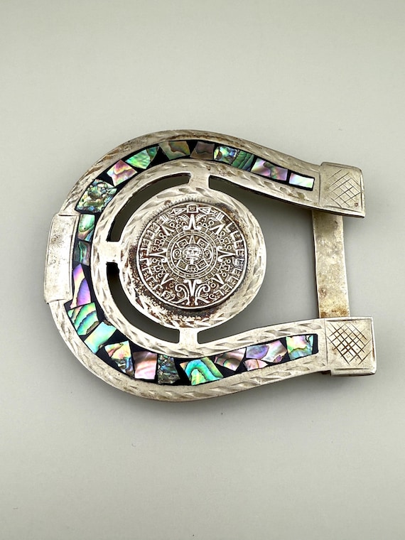 Mexican Alpaca Abalone Aztec Calendar Horseshoe Belt Buckle  display picture 2