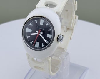 1970s Lucerne UFO Men’s Watch White Space Age Mod Wristwatch Original Strap Vintage