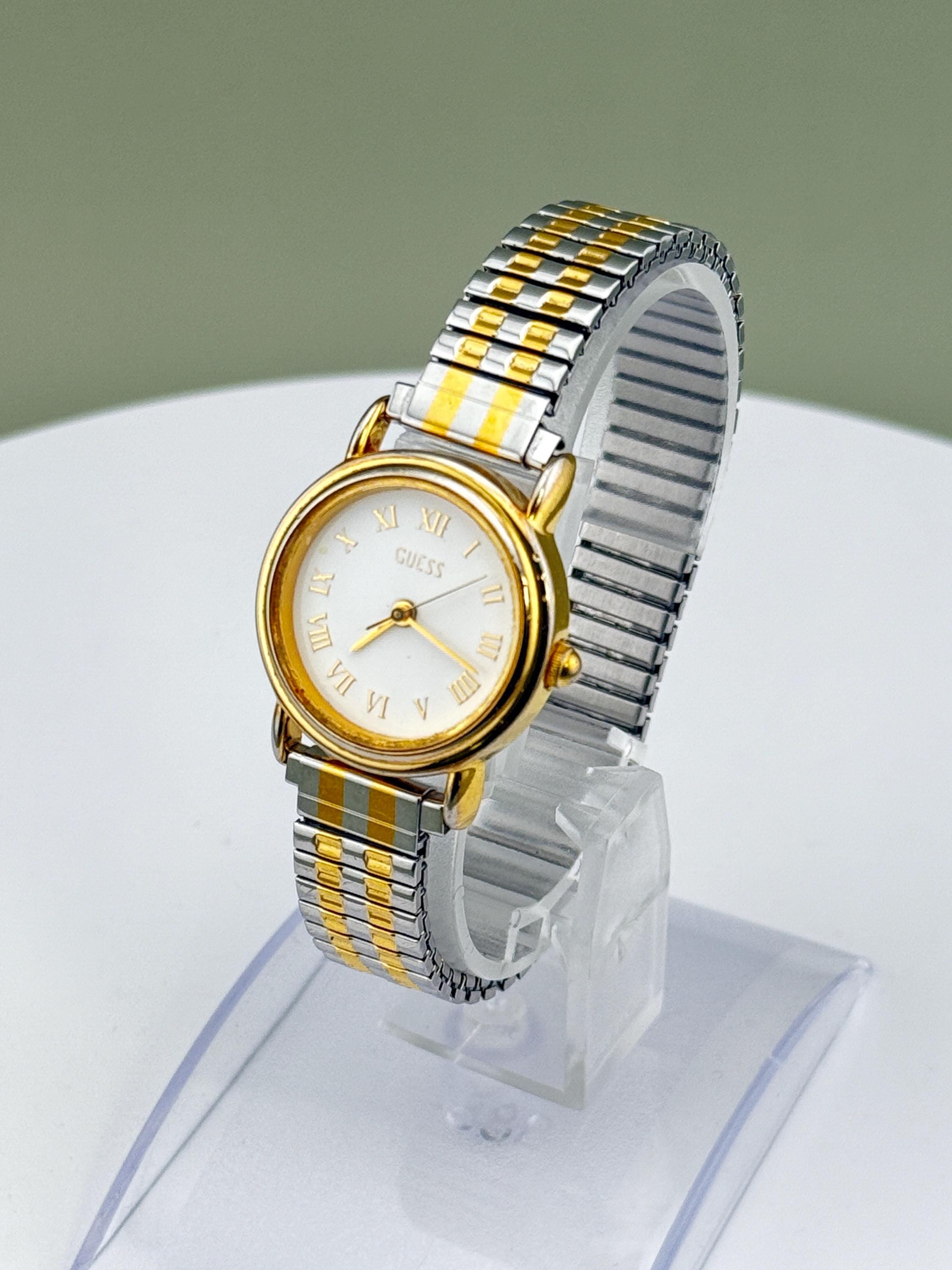 EUC Vintage 1990 Guess, Inc. white/gold w/leather band watch-water resistant Vintage 1990 Guess Inc. Quartz Watch With Black Leather  main image 2