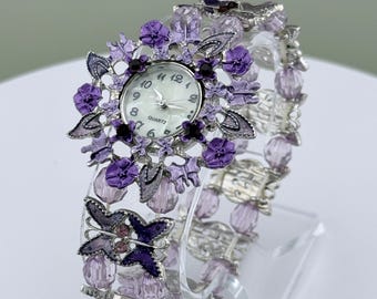 Purple Floral Butterfly Statement Cuff Watch Quartz Bracelet Watch Wide Beaded Jewelry Watch Vintage Y2K Style