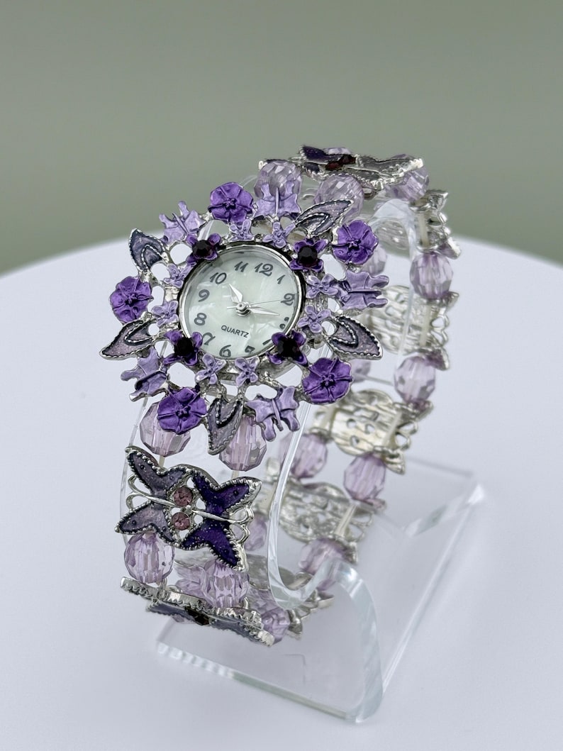 Purple watches - Purple floral butterfly quartz watch bracelet