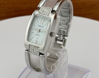 Vintage Watch It Women’s Bangle Watch – Silver Tone, Rhinestone Accents, Japan Quartz, Rectangular Dial
