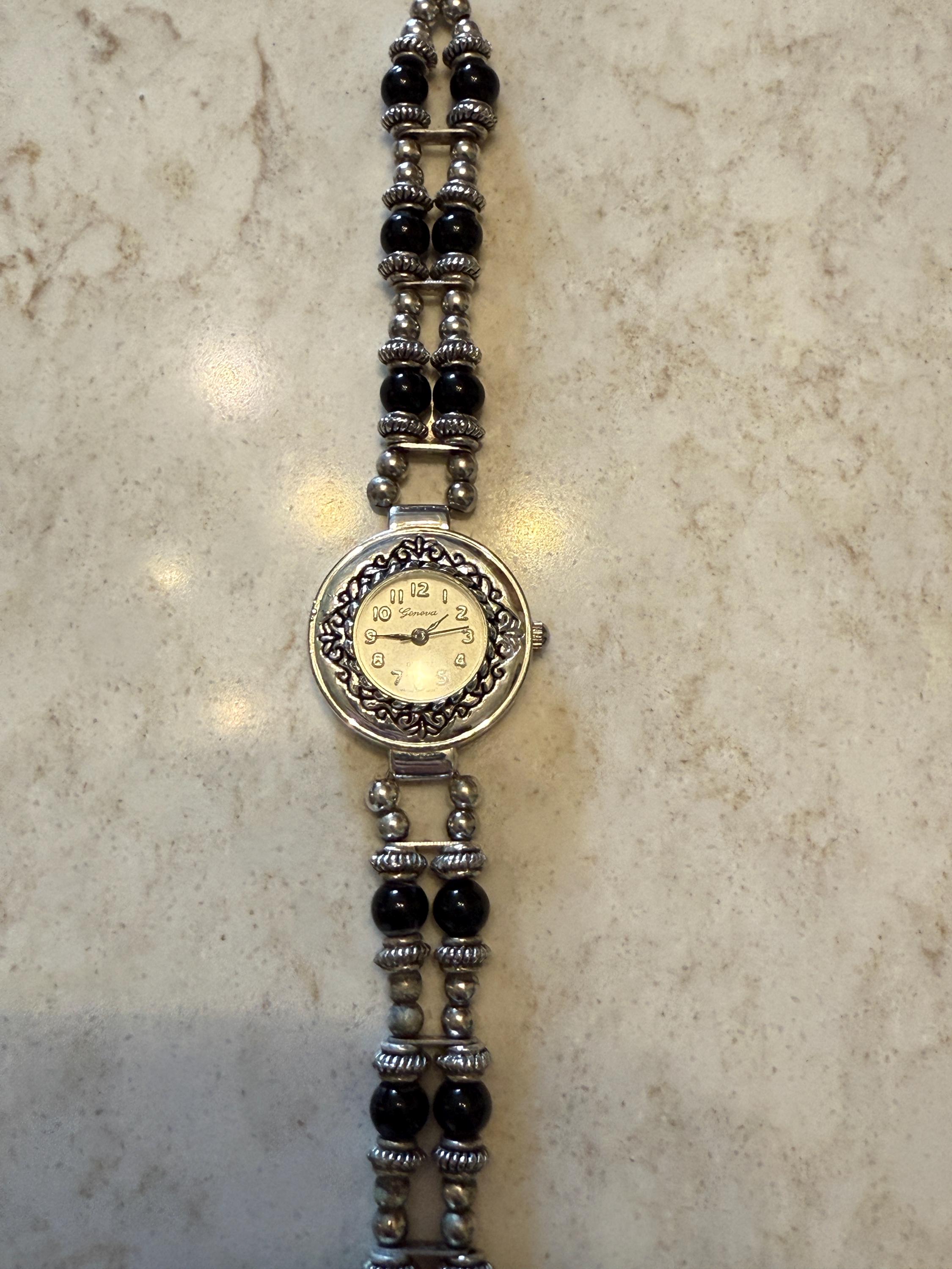 Vintage Geneva Silver Cut-Out Boho Ladies Watch Vintage Geneva 25mm Beaded Wristwatch – Boho Bracelet Watch  main image 2