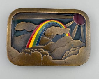 1970’s Hippie Belt Buckle Rainbow Sun Enamel Brass Folk Art